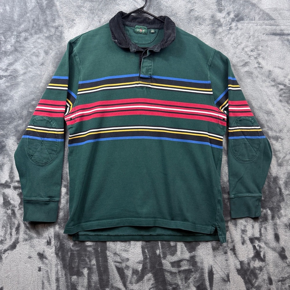 J.Crew Rugby Shirt Mens Large Green Striped Corduroy Collar Elbow Patch LS